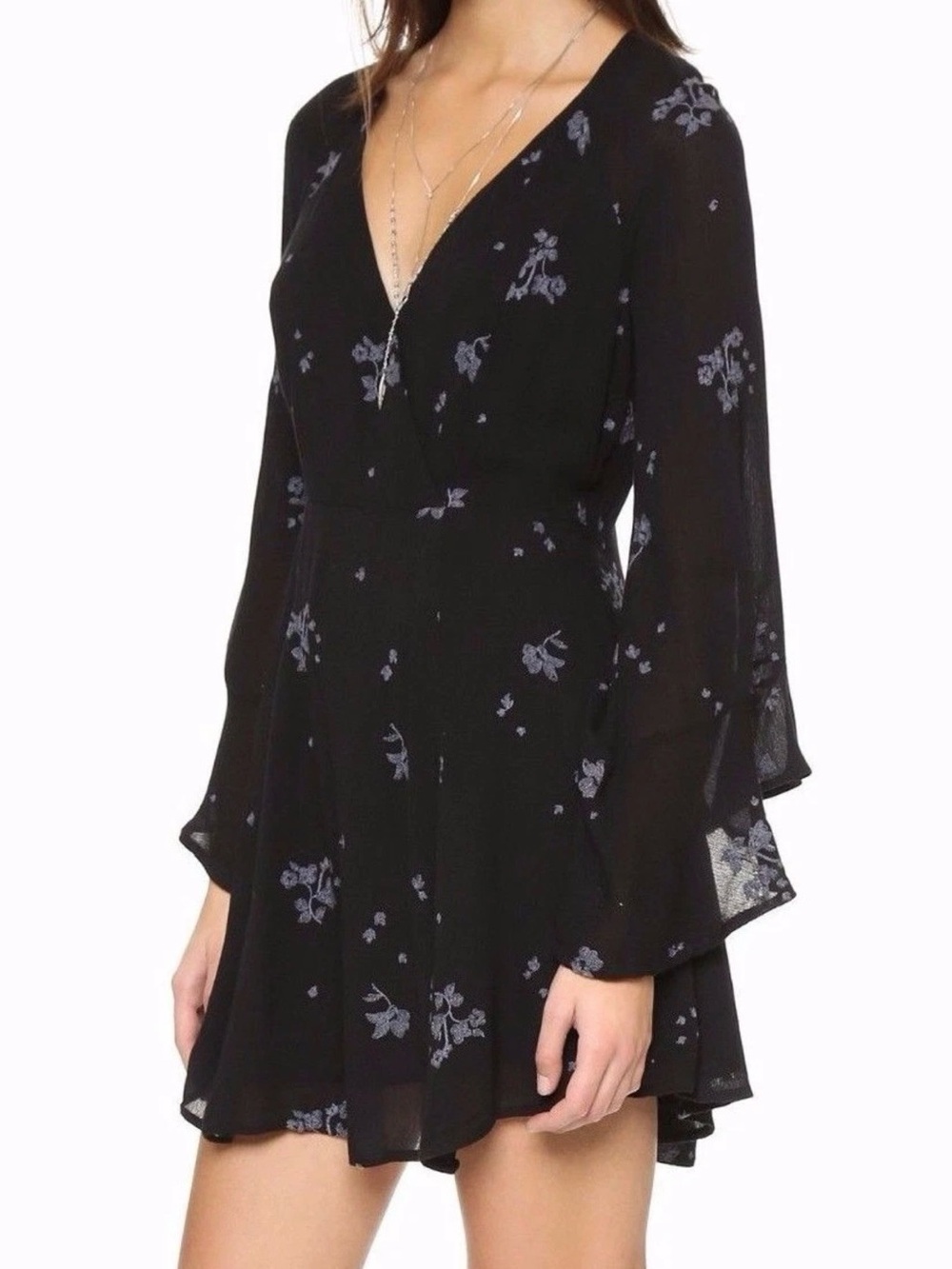 Free People Black Mini Dress with Subtle Gray Floral Print